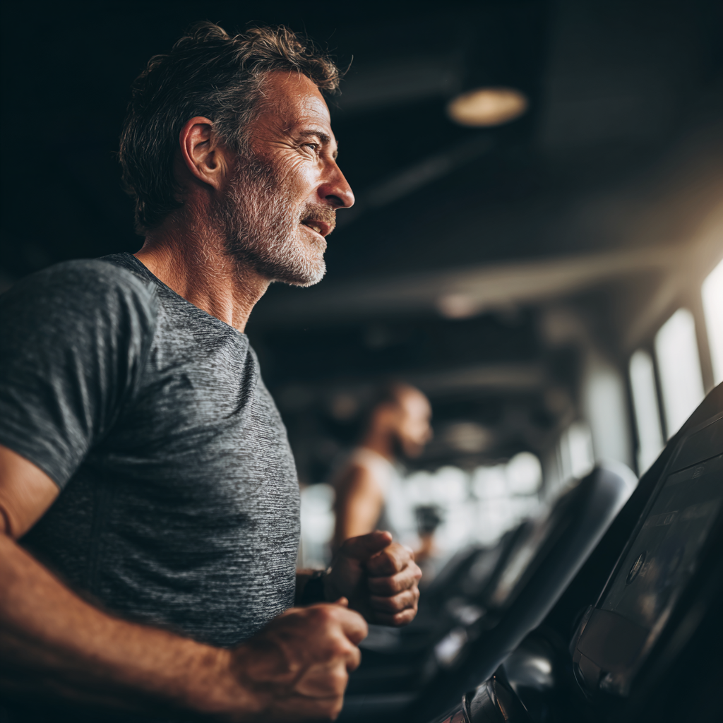 middle aged person showing fitness transformation results in gym setting